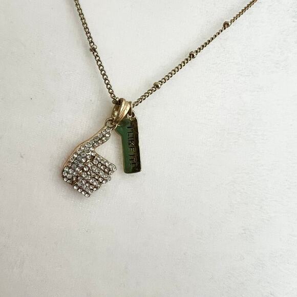 Rhinestone Studded Thumbs Up Emoji I Like it Charm Hashtag Gold Tone Necklace - Picture 3 of 4